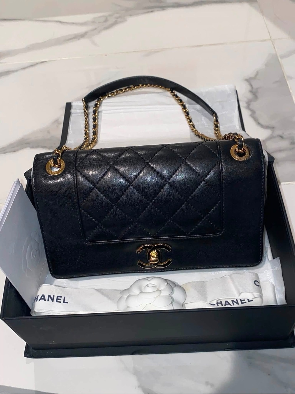 CHANEL Black Quilted Leather Shoulder Bag with Gold Hardware